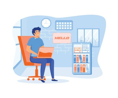 Serbest çalışan biri dizüstü bilgisayarın arkasında çalışır. Merkez ofis işyeri. düz vektör modern illüstrasyon