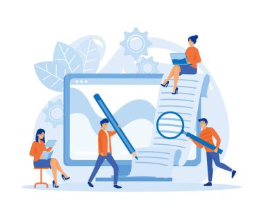 Blog yazma ve kopyalama konsepti. Web sayfaları, afişler, sunumlar, sosyal medya, posterler için içerik yönetimi. düz vektör modern illüstrasyon