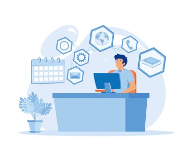 Dizüstü bilgisayarının başında ofis çalışanlarıyla oturan mutlu bir iş adamı. düz vektör modern illüstrasyon