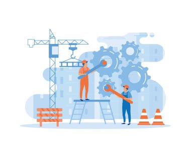 İşçi çiftleri, genel iyileştirme mekanizmasında takım çalışması sürecinin dişlilerini döndürüyor. düz vektör modern illüstrasyon