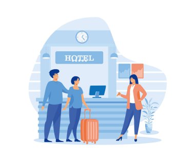 Bir çiftin giriş yaptığı otel sahnesi. Resepsiyonda bavullu kadın ve erkek resepsiyonist oda anahtarı veriyor. düz vektör modern illüstrasyon