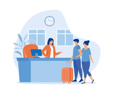 Resepsiyondaki müşteri danışma müdürü. Otele giriş yapan turistler, lobideki masada duruyorlar. düz vektör modern illüstrasyon