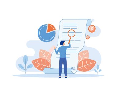 Bir adam büyüteçten bir faturaya bakar, kontrol eder ya da fatura keser. düz vektör modern illüstrasyon