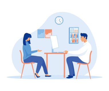 Hastanın muayenehanesinde. Doktor konsültasyonu. Ziyaret. Modern klinik. düz vektör modern illüstrasyon