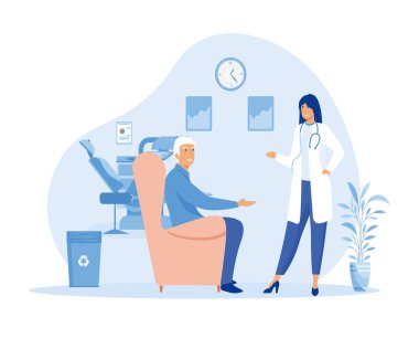 İhtiyarlarla Sağlık ve Yaşlıların Sağlığını Öncelik Veren Bir Yaşlıyla Tıbbi Danışmanlık. düz vektör modern illüstrasyon