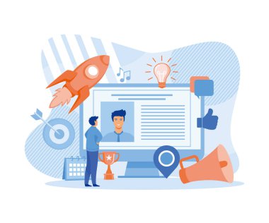 Dijital pazarlama konsepti, sosyal ağ iletişim ve tanıtım. düz vektör modern illüstrasyon