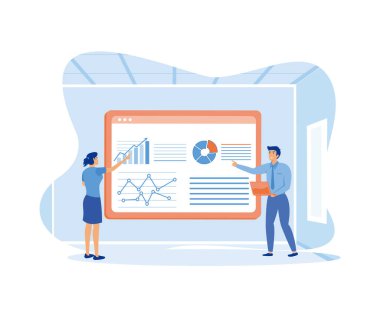 Kız ve iş arkadaşı elde edilen bilgileri analiz eder, çalışanlar çizelgelere bakar. düz vektör modern illüstrasyon