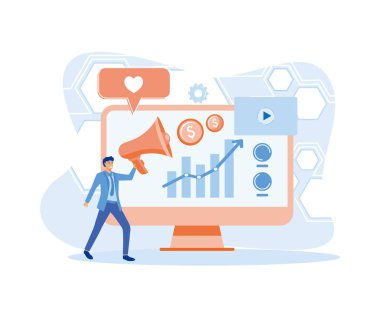 İnternet tabanlı halkla ilişkiler stratejisi, itibar yönetimi, dijital pazarlama kampanyası soyut metafor. düz vektör modern illüstrasyon