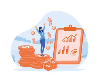 Aktif gelir. Kadın çalışıyor, maaşlı işte çalışıyor. düz vektör modern illüstrasyon