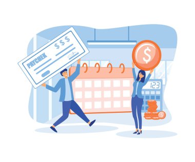 Maaş bordrosu. Maaş günüyle takvim. Vergisiz gelir. Maaş parası, bordro vergisi depoziti, bordro yazılım konsepti. düz vektör modern illüstrasyon