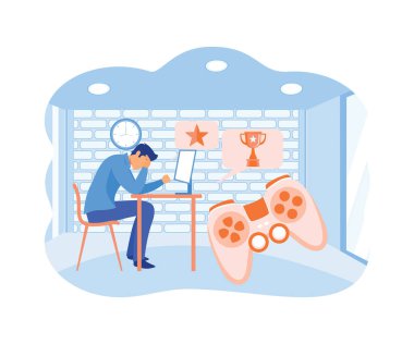 Dijital aşırı yükleme, ekran sevgisi ve bağımlılık, sosyal medya, oyun bozukluğu, video oyunu bağımlısı. düz vektör modern illüstrasyon