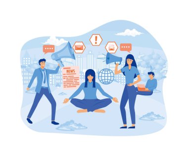 Stop spreading hoax and fake news. Young woman meditate under glass dome trying to stop false news from television, internet. flat vector modern illustration clipart