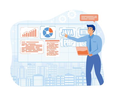 Programcı, geliştirici, dizüstü bilgisayarı olan mühendis kodlama ve geliştirme aşamasında kalem tutuyor. düz vektör modern illüstrasyon