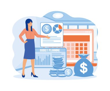 Kişisel ya da aile bütçesi planlaması. Vergi raporu, denetim ya da para çantası ve grafiklerle yatırım analizi. düz vektör modern illüstrasyon