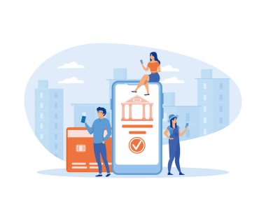 Mobil bankacılık konsepti. Para transferi, muhasebe ve internet bankacılığı için uygulama kullanan insanlar. düz vektör modern illüstrasyon