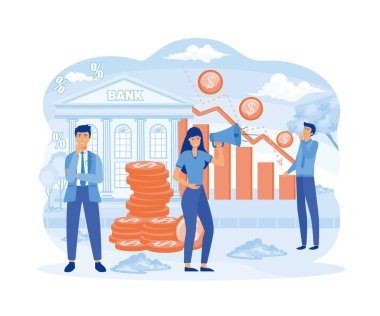 Finansal kriz. İnsanlar mali istikrarsızlığın rehineleri, iflası önlemek için bir girişim. düz vektör modern illüstrasyon