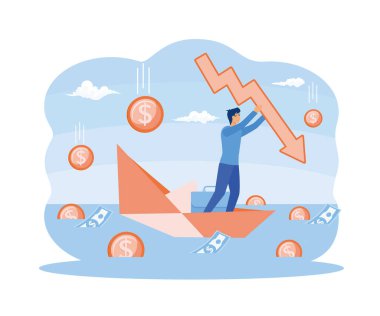 İflas ve finansal kriz kavramı. İşletme başarısızlığı ve şirket sorunu sırasında küçük bir işadamı. düz vektör modern illüstrasyon