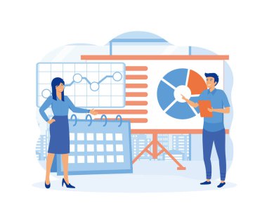 Denetim konsepti. Erkekler ve kadınlar iş operasyonlarını ve iş analizlerini inceliyor. Mali teftiş. düz vektör modern illüstrasyon