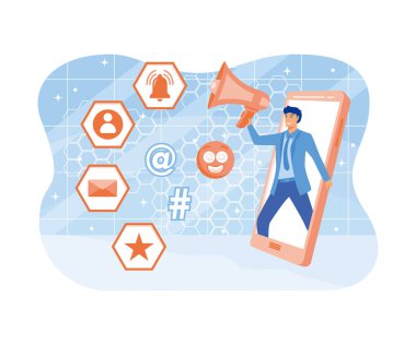 Sosyal Medya Etkilendirici tasarım konsepti insanların nişan almak için beğeni ve tepki gösterdiğini gösteriyor. düz vektör modern illüstrasyon