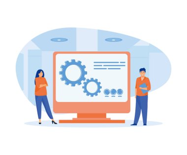 Akıllı endüstri konsepti. Sanal gerçeklik kulaklığı takan insanlar gelişmiş gerçeklikle mühendislik yapıyor. düz vektör modern illüstrasyon