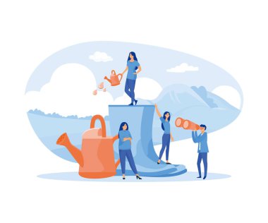 Ekoloji konsepti. Bahçeyle ilgilenen bahçıvanlar, doğadaki bitkileri büyütmek ve incelemek, temiz ekoloji. düz vektör modern illüstrasyon