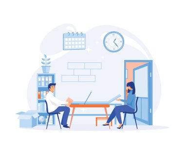 Doktor randevusundaki kadın. Ofisteki masada oturan ve konuşan gülümseyen bir kız ve erkek doktor. düz vektör modern illüstrasyon