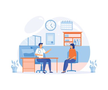 Doktor ve hasta arasındaki tıp konsepti düz stil. Pratisyen doktor adam ve genç kadın hasta hastane muayenehanesinde. düz vektör modern illüstrasyon