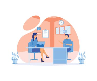 İş görüşmesi. Dizüstü bilgisayarı olan genç bir kadınla konuşan bir adam. vektör modern illüstrasyon