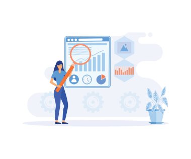 Piyasa eğilimlerini analiz eden ve seo optimizasyonu planlayan bir kadın. düz vektör modern illüstrasyon