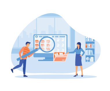 Depo konsepti. Bulut hesaplama konsepti, veri merkezi, dosya yönetimi. düz vektör modern illüstrasyon