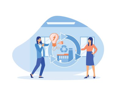 Dairesel ekonomi konsepti ve enerji üretimi. İçinde elektrik fabrikası, yeşil fabrika ve ampuller olan küçük insanlar bisiklet işareti tutuyorlar. düz vektör modern illüstrasyon