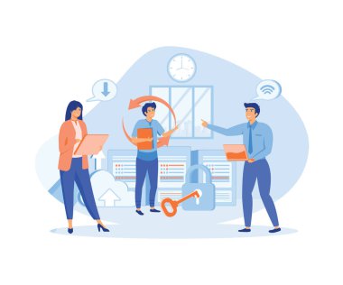 Bulut Hesaplama. Web bulut teknolojisi, veri depolama, sunucu, bağlantı. Çalışma süreci, takım çalışması iletişimi. lat vektör modern illüstrasyon