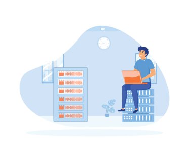 Uzak sunucuları kullanarak büyük veri setlerini analiz eden ve hataları fark eden bir adam. düz vektör modern illüstrasyon