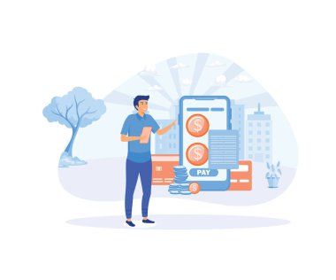 İnternet bankacılığı. Adam internet üzerinden faturaları ödüyor. düz vektör modern illüstrasyon