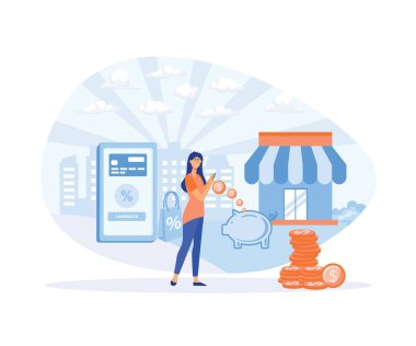 Para iade konsepti. Akıllı telefonu olan bir kadın. Para kumbaraya gidiyor. düz vektör modern illüstrasyon