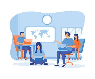 Dış kaynak kullanımı, Uzak Çalışma ve Veri Depolama 'da Bulut Sistemleri Kullananlar. düz vektör modern illüstrasyon