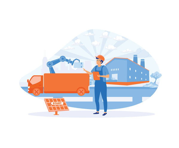 Engineer working with interactive interface. Smart industry, innovative manufacturing. flat vector modern illustration
