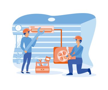 Erkekler klima onarımı ya da montaj hizmetleri alıyor. Birim hasarı, bakım hizmetleri, soğutma sistemleri. düz vektör modern illüstrasyon