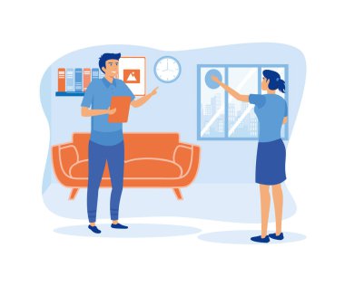 Otel işleri konsepti. Deneyimli erkek otel müdürü eğitim personeli bayan otel garsonuyla konuşuyor. düz vektör modern illüstrasyon