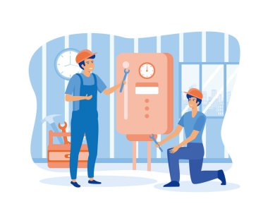 Tesisatçı bozuk su ısıtıcısını tamir ediyor. Üniformalı tamirciler kazan ve cihaz kurar. düz vektör modern illüstrasyon