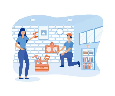 Karı koca onarımlar yapar ve duvar kağıtlarını değiştirir. düz vektör modern illüstrasyon