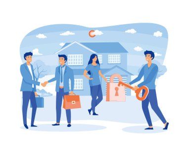 İnsanlar ev, ev anahtarları, koruma ve güvenlik, gayrimenkul ve anahtar kiralama satın alıyor. düz vektör modern illüstrasyon