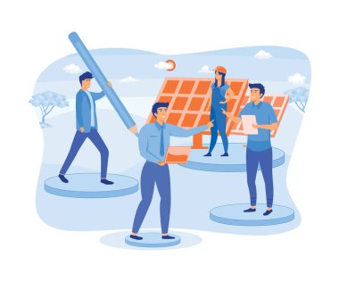 Saha teknisyenleri, işçiler, mühendisler ve yöneticiler. Profesyonel takımların ve panellerin olduğu sahneler. düz vektör modern illüstrasyon