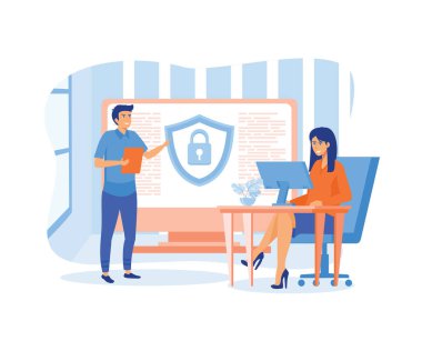 Kişisel verileri koruyan insanlar. Gizli verilerin güvenliği ve korunması, internet güvenliği. Sosyal medya. düz vektör modern illüstrasyon