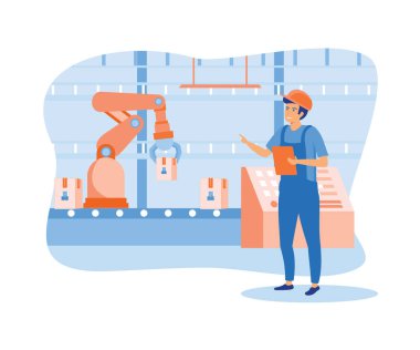 Sanayi fabrikası robotik kolla çalışıyor. Akıllı endüstriyel devrim. düz vektör modern illüstrasyon