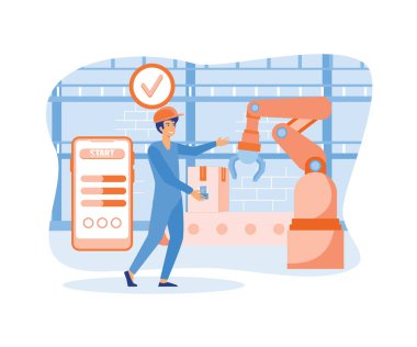 Etkileşimli arayüzle çalışan adam. Akıllı endüstri, yenilikçi üretim. düz vektör modern illüstrasyon