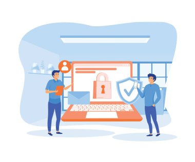 Kişisel bilgilerin kontrolü ve güvenliği. İş verilerini ve yasal bilgileri koruyan insanlar. düz vektör modern illüstrasyon