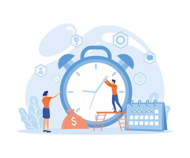 Zaman Yönetimi Konsepti. Erkek ve kadın büyük saatin yanında durmuş iş stratejisi hakkında konuşuyorlar. düz vektör modern illüstrasyon