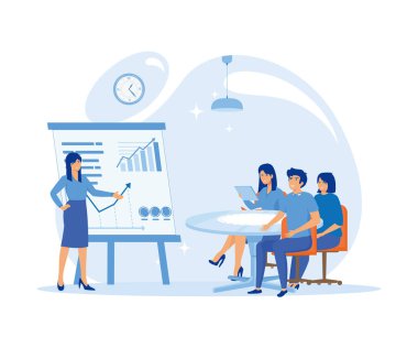 İş semineri, sunum ya da konferans. Koç seyirciye hitap eder. düz vektör modern illüstrasyon