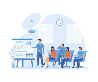 Danışmanlar seminerlerin, eğitimin, sunumların veya konferansların grafiklerini ve raporlarını sunarlar. düz vektör modern illüstrasyon